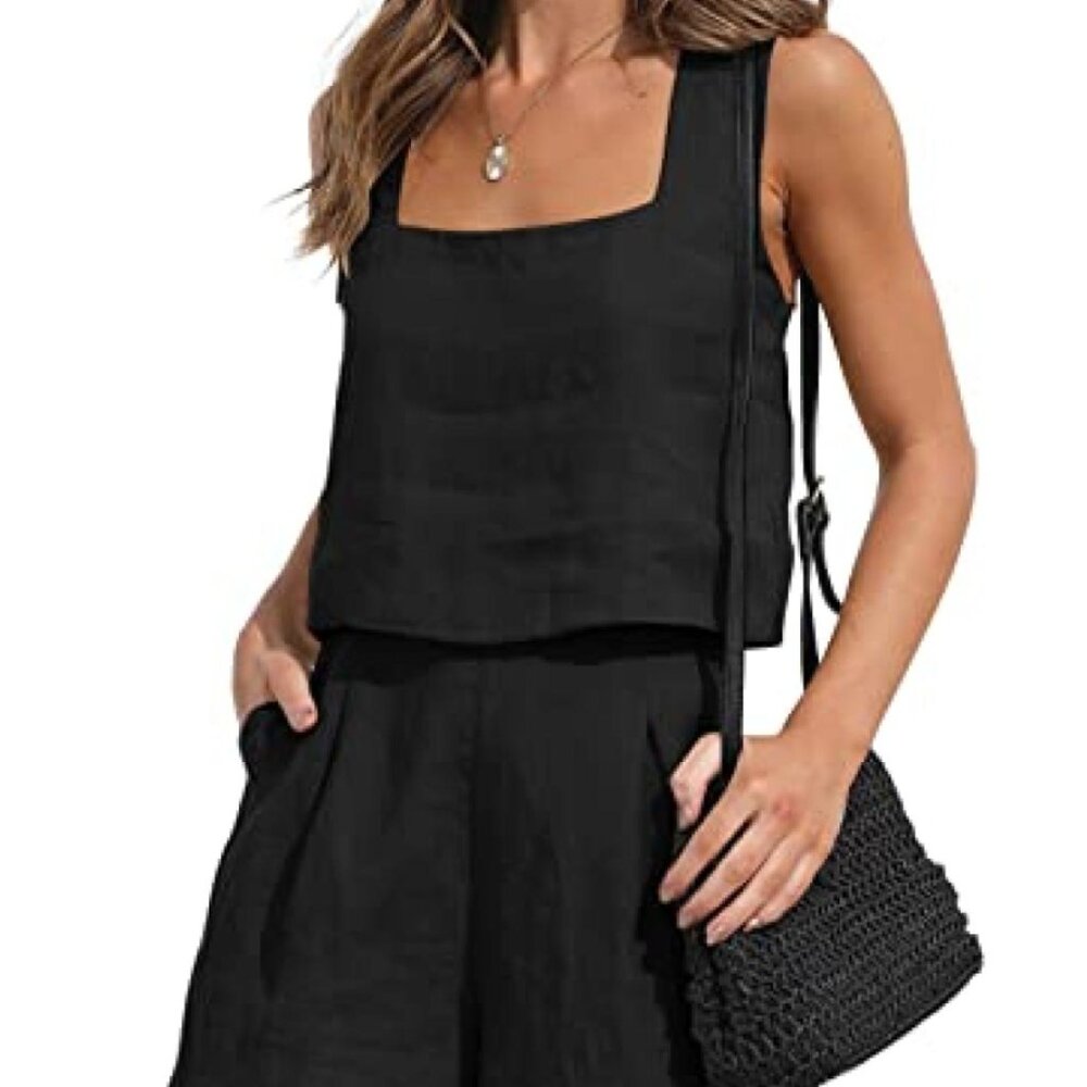 AUTOMET Womens 2 Piece Outfit Matching Set  Linen Shorts Crop  Top - size Small